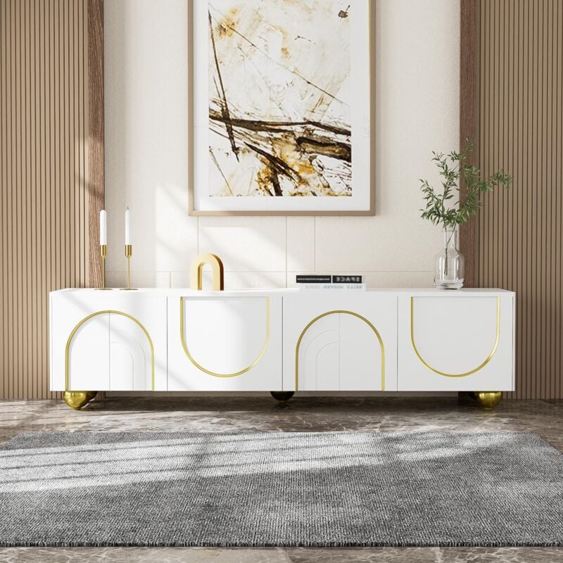 Meuble tv 170x38x44cm, avec 4 portes, avec décorations dorées, étagères incluses, ouverture par pression, blanc
