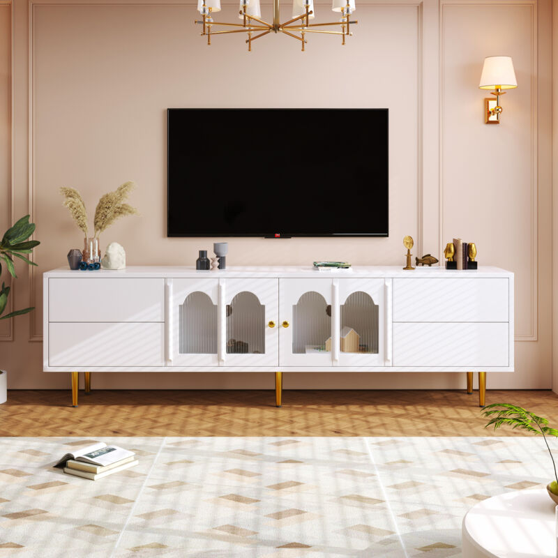 Meuble tv 170x38x50cm - Armoire avec 4 tiroirs et 2 portes en verre cintrée - poignées et pieds dorés - mdf Blanc