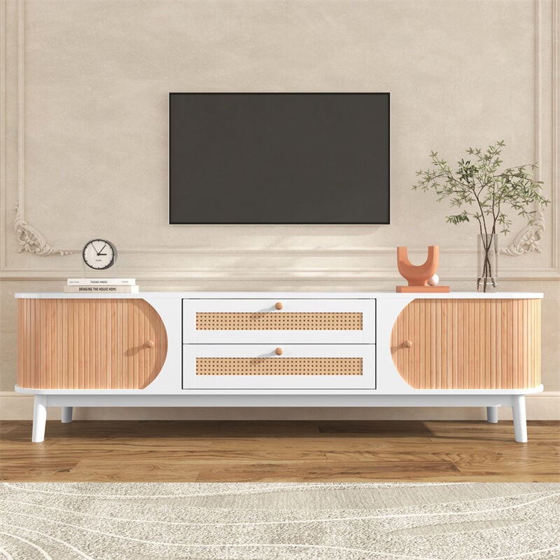 Meuble tv 170x39.5x46cm - Meuble tv en bois avec portes et tiroirs en rotin style maison de campagne pour rangement - Blanc