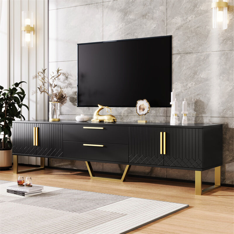 Meuble tv 170x40x53cm, en mdf, avec 4 portes design texture gravée, 2 tiroirs, luxe, élégante, noir