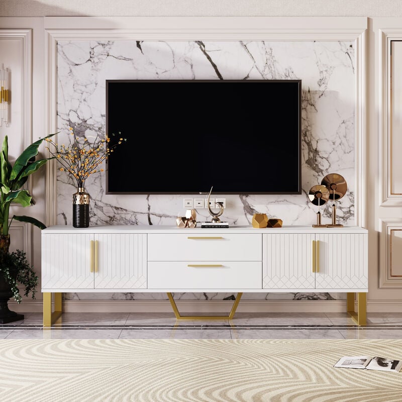 Meuble tv 170x40x53cm, en mdf, avec 4 portes design texture gravée, 2 tiroirs, luxe, élégante, blanc