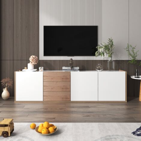 Meuble TV 171 cm, avec 3 portes et 3 tiroirs, étagères réglables, peut être accroché au mur ou posé au sol, 171,5x35x47 cm, meuble TV discret - Blanc