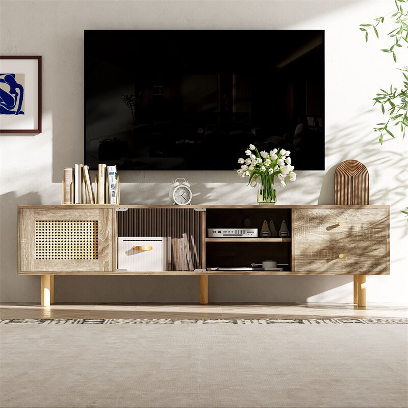 Fortuna Lai - Meuble tv 172x35x48cm - avec porte aspect rotin, compartiments ouverts et portes coulissantes en verre, avec tiroirs - Naturel