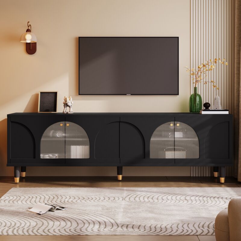 Meuble TV 173 cm, avec 4 portes de cintrées en verre strié, étagères de rangement, Soft-Close, style Scandinave, Meuble de salon en bois - Noir