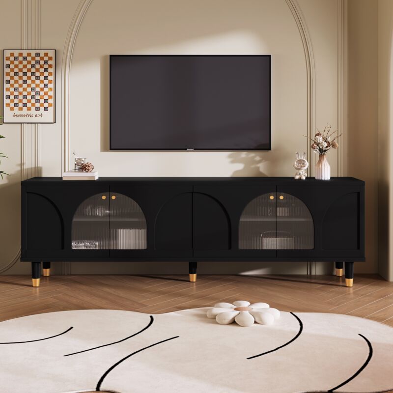 Tanant - Meuble tv 173cm avec portes cintrées en verre cannelé, poignées dorées, Meuble tv noir, Meuble Télé pour Chambre, Moderne - Noir