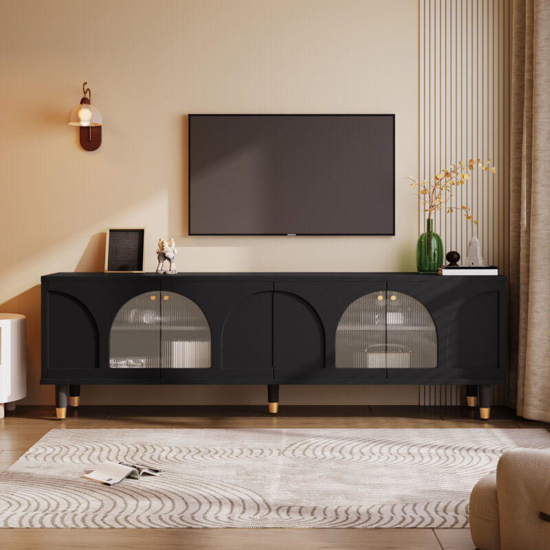 Fortuna Lai - Meuble tv 173x38x59cm, avec 4 portes cintrées en verre cannelé, design moderne, Noir