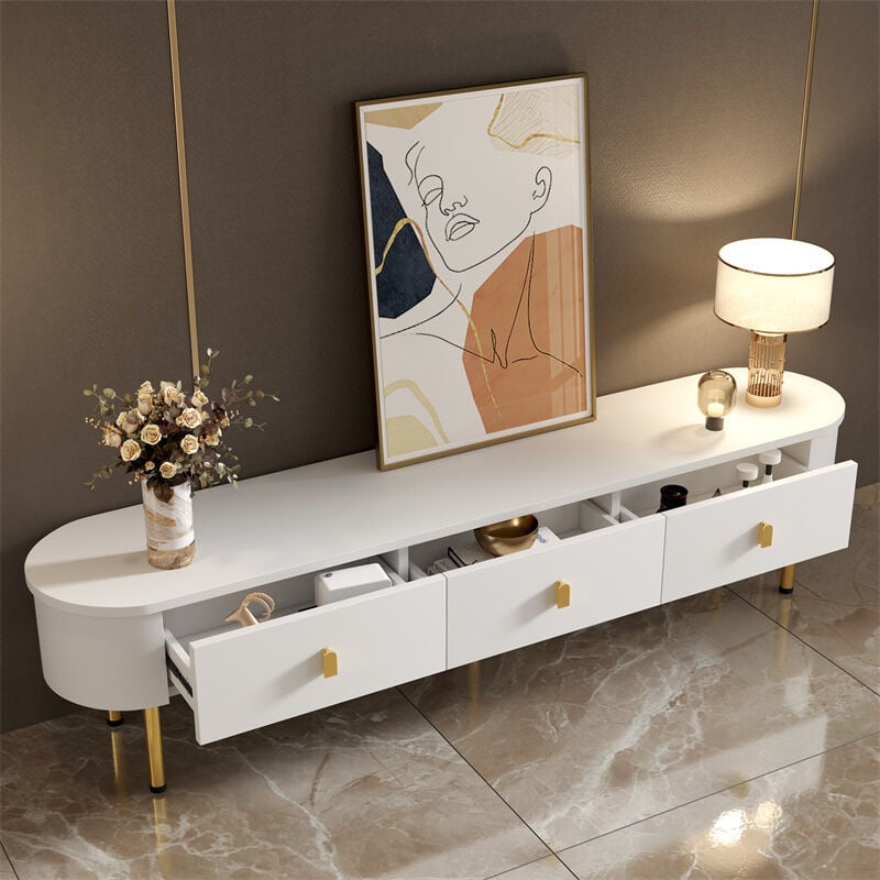 Meuble tv 174x35x41cm - Meuble Lowboard avec 3 tiroirs, poignées et pieds dorés, coins incurvés - en mdf Blanc
