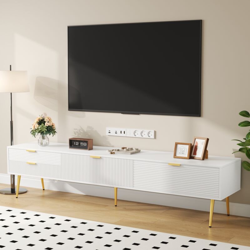 Dans Les Nuages - Meuble tv 175 cm, avec 2 portes, 2 tiroirs de rangement, motif ondulé, poignées et pieds dorés, scandinave, Meuble de salon en bois