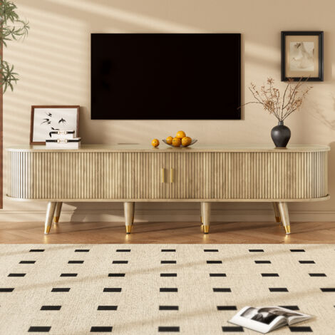 Meuble TV 175 cm avec 2 portes coulissantes, meuble bas pour télévision avec étagères ouvertes et 2 tiroirs de rangement, design rustique - Couleur chêne