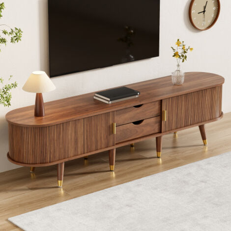 Meuble TV 175 cm avec porte coulissante en rotin et aspect noyer, 175x38x45 cm