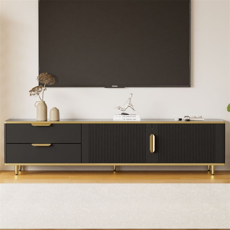 Meuble tv 175x40x45 cm, panneau bas sculpté texturé avec deux tiroirs et portes texturées, poignées et pieds dorés, structure marbre, Scandinave