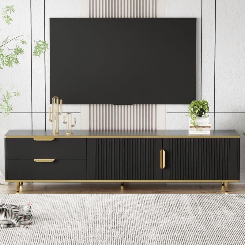 Meuble tv 175 cm, avec 2 tiroirs, 2 portes, Pieds et poignée en métal Doré, motifs sculptés, style Scandinave, Meuble de salon en bois - Noir