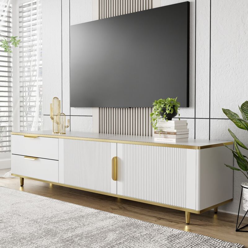 Dans Les Nuages - Meuble tv 175 cm, avec 2 tiroirs, 2 portes, Pieds et poignée en métal Doré, motifs sculptés, style Scandinave, Meuble de salon en