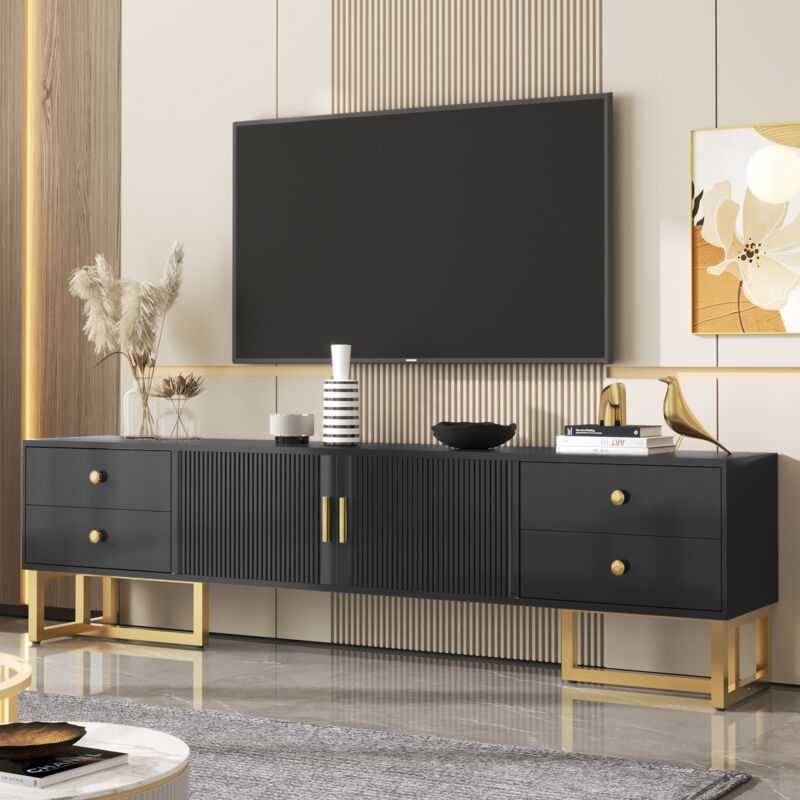 Dans Les Nuages - Meuble tv 175 cm, avec 2 tiroirs de rangement, 2 portes texturée, étagère, Pieds et poignée en métal Doré, Meuble de salon en bois