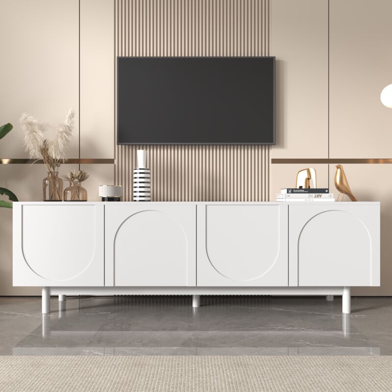 Dans Les Nuages - Meuble tv 175 cm, avec 4 portes, étagères réglables, un décor en arc, style Scandinave, Meuble de salon en bois - Blanc