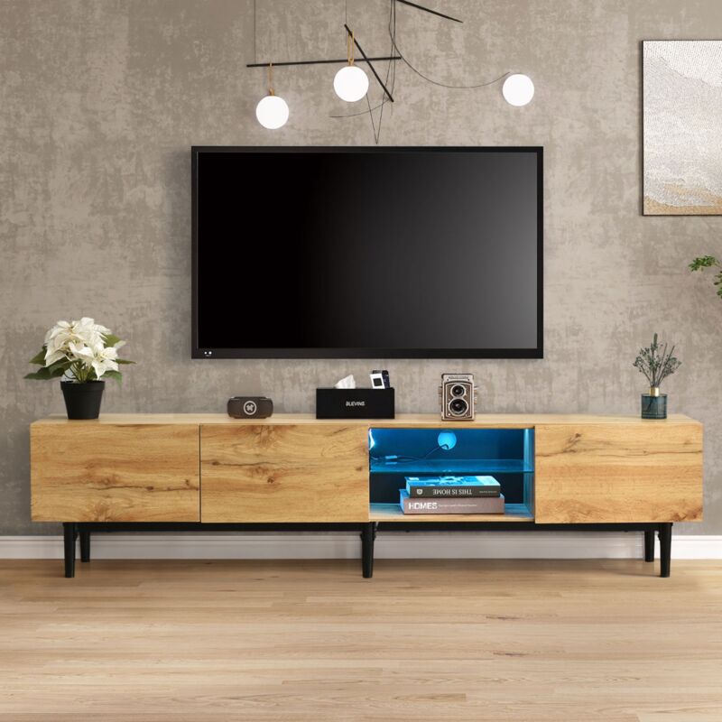 Meuble TV 175 cm, avec éclairage LED, 3 portes de rangement, pieds en métal, rectangulaire, meuble salon en bois - Marron