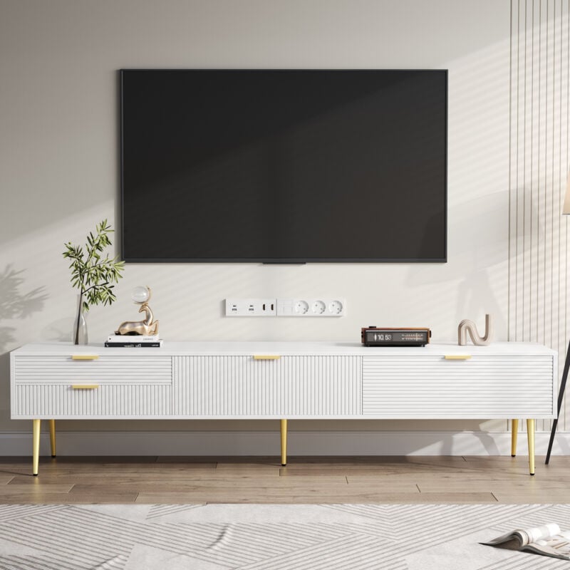 Meuble tv 175x35x40cm - lowboard avec 2 tiroirs et 2 portes - poignées et pieds dorés - Design moderne - Blanc