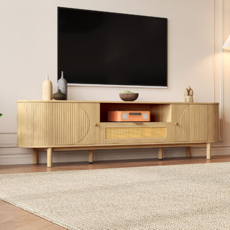 Meuble TV 175x36x51 cm avec tiroir en rotin et portes arrondies rangements design moderne MDF naturel