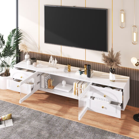Meuble TV 175x40x36cm, porte texturée, avec tiroirs, poignées dorées, pieds dorés, blanc