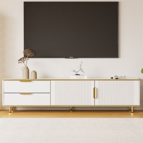 Meuble TV 175x40x45 cm, panneau bas sculpté texturé avec deux tiroirs et portes texturées, poignées et pieds dorés, structure marbre, Scandinave - Blanc