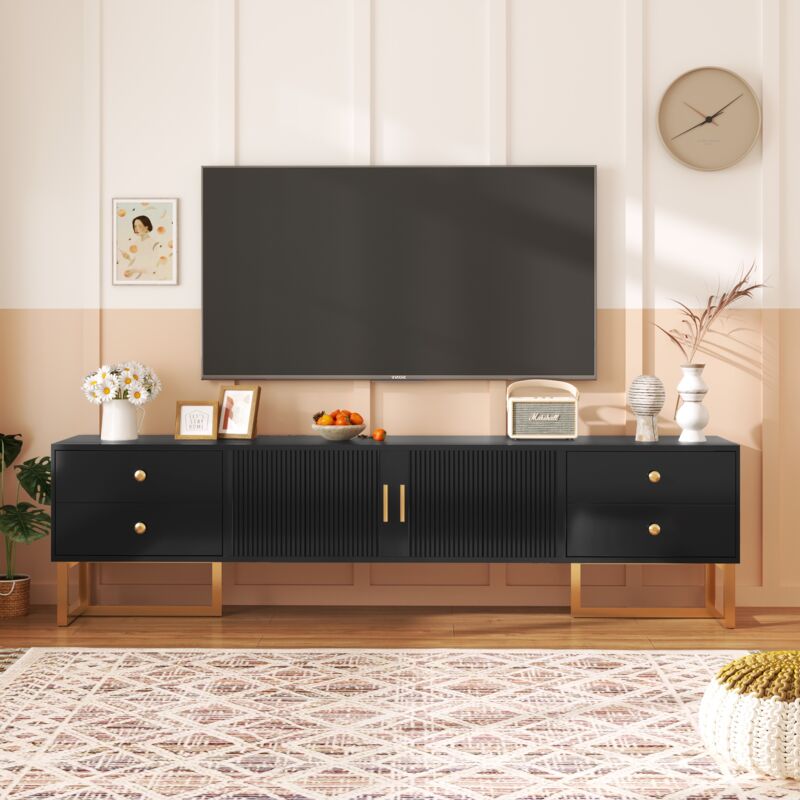 Meuble tv 175x45x35cm, avec 4 tiroirs texturés et 2 portes, Aspect texturé, meuble tv de salon à panneau bas, espace de rangement, design moderne,
