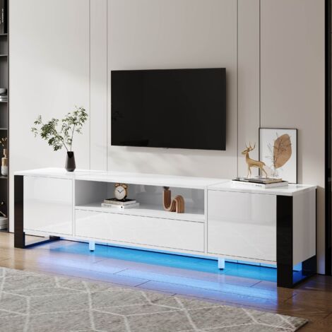 Meuble TV 178x40x54 cm,avec LED et rangement, pour téléviseurs jusqu'à 70 pouces, scandinave,blanc