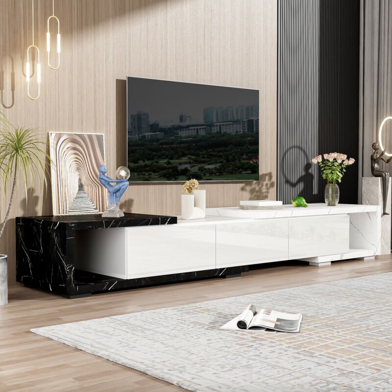 Dans Les Nuages - Meuble tv 179.5 cm, rectangulaire, avec longueur réglable, 3 portes de rangement, compartiments ouverts, effet marbre pvc, Meuble