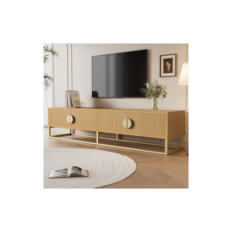 Meuble tv 180 cm, 4 portes, poignées demi-rondes, pieds dorés, bois