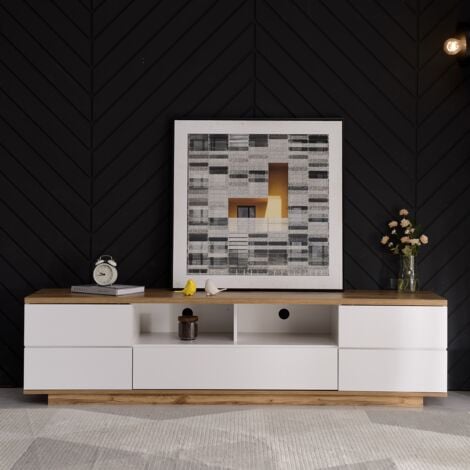 HOFURNI Meuble TV Moderne 200cm, avec éclairage LED et étagères en verre, espace de rangement, design moderne, aspect bois - Blanc