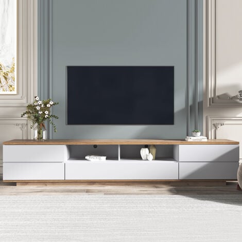 Meuble TV 180 cm, 5 portes, 8 compartiments, épissure bicolore, style campagne moderne - Blanc