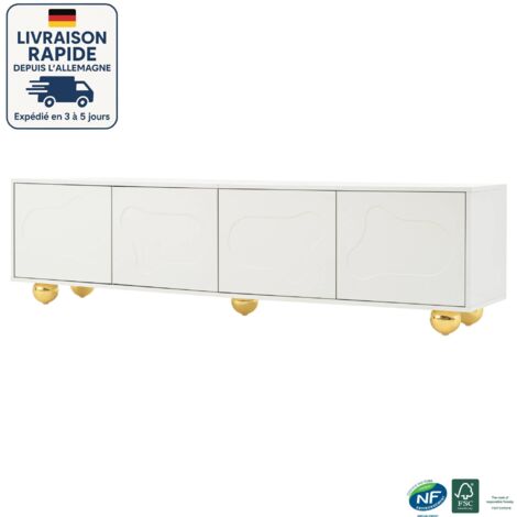 Meuble TV 180 cm -Avec 2 armoires -Motif de nuages - simplicité - Pour téléviseurs 75" - Blanc