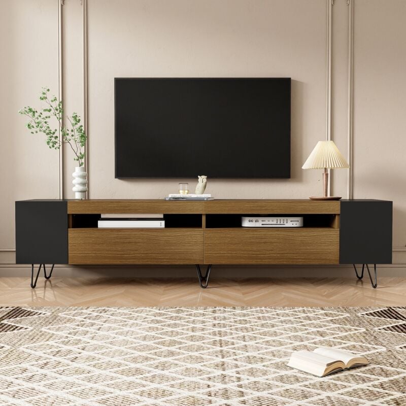 Eifson - Meuble tv 180 cm, avec 2 portes, compartiments ouverts, pieds en fer noir, aspect bois, meuble tele, pour salon et chambre - Noir
