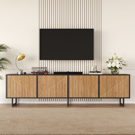 Meuble TV 180 cm avec 4 portes de rangement meuble tv bas en bois pour téléviseurs jusqu'à 80 pouces naturel et noir