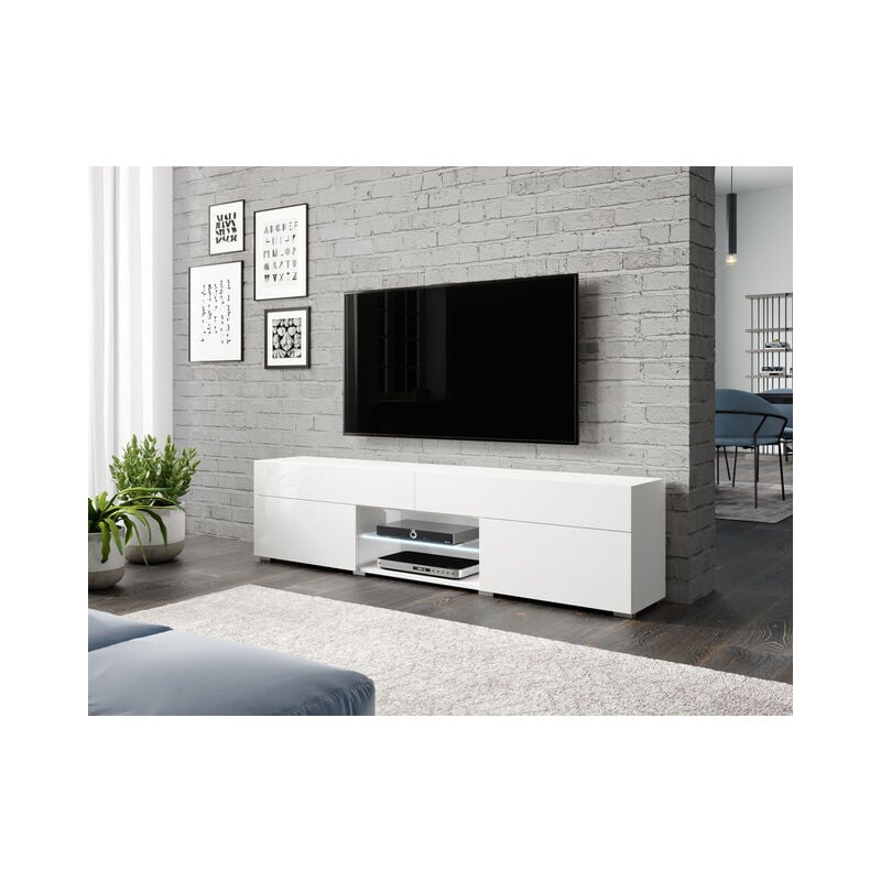 Meuble tv 180 cm carrera, meuble tv avec éclairage led, blanc/blanc brillant