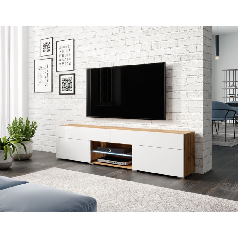 Meuble tv 180 cm carrera, meuble tv sans éclairage led, couleur wotan/blanc brillant