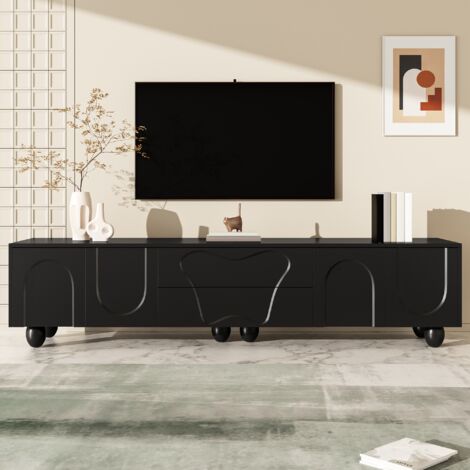 Meuble TV 180 cm, élégant meuble TV avec 4 portes et 2 tiroirs, finition blanche épurée, pieds cylindriques, grand espace de rangement, design moderne, Noir