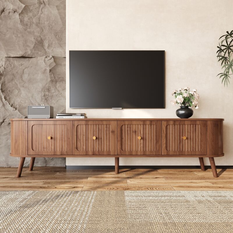 Meuble TV 180 cm en bois, meuble télé style rustique, avec 4 portes, rangement, poignées dorées et 5 pieds - Couleur noyer