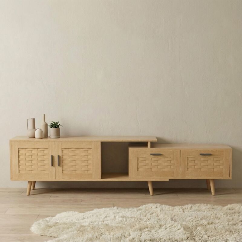 Meuble TV 180 cm extensible rotin avec 2 tiroirs, 2 portes, banquette TV modulable, pieds en bois massif, Pour TV 75 pouces - Chêne clair