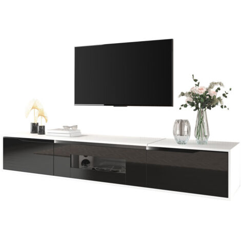 Meuble TV 180 cm – Finition brillante noir et blanc, design moderne avec LED multicolore intégrée, pour salon et chambre