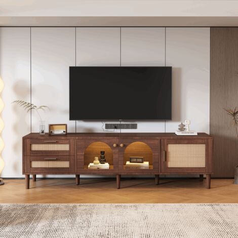 Meuble TV 180 cm LED avec 2 tiroirs en rotin et 2 portes Meuble tv bas moderne avec rangement meubles de salon Marron