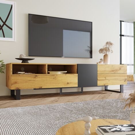 JANZDIYS Meuble TV 180 cm - Meuble bois - 2 tiroirs et 2 rangement ouverts - pieds en métal - avec éclairage LED