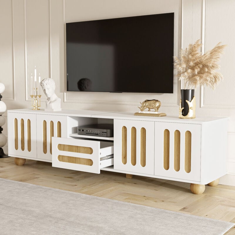 Meuble tv 180 cm, meuble tv blanc et bois avec 4 portes, 1 tiroir et éclairage led, pieds sphériques