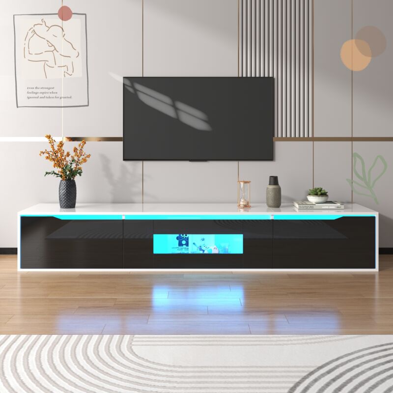 Tanant - Meuble tv 180 cm, meuble tv haute brillance, Avec éclairage led changeant de couleur, Conception bicolore, 3 portes et 2 compartiments,