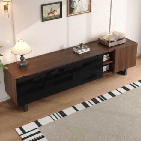 Meuble TV 180 cm naturel avec aspect bois vintage et 4 portes haute brillance, sans poignée, pour salon moderne, 180x38x50 cm