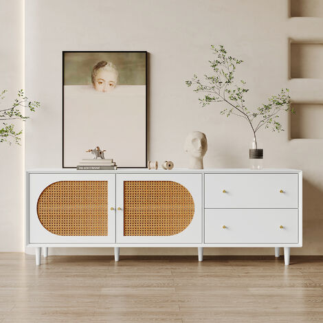 Meuble TV 180 cm pour 80 TV - bois laqué blanc - 2 portes et 2 tiroirs – portes en rotin - style contemporain - Blanc