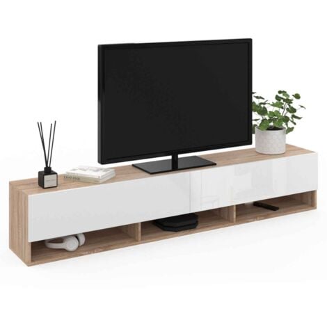 IDMARKET Meuble TV 180 cm suspendu ELIO 2 portes avec étagère bois et blanc