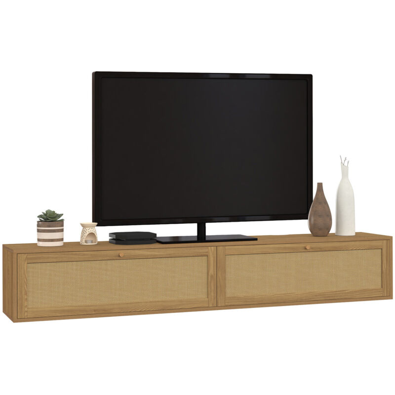 Meuble TV 180 cm suspendu HANAE 2 portes effet naturel cannage