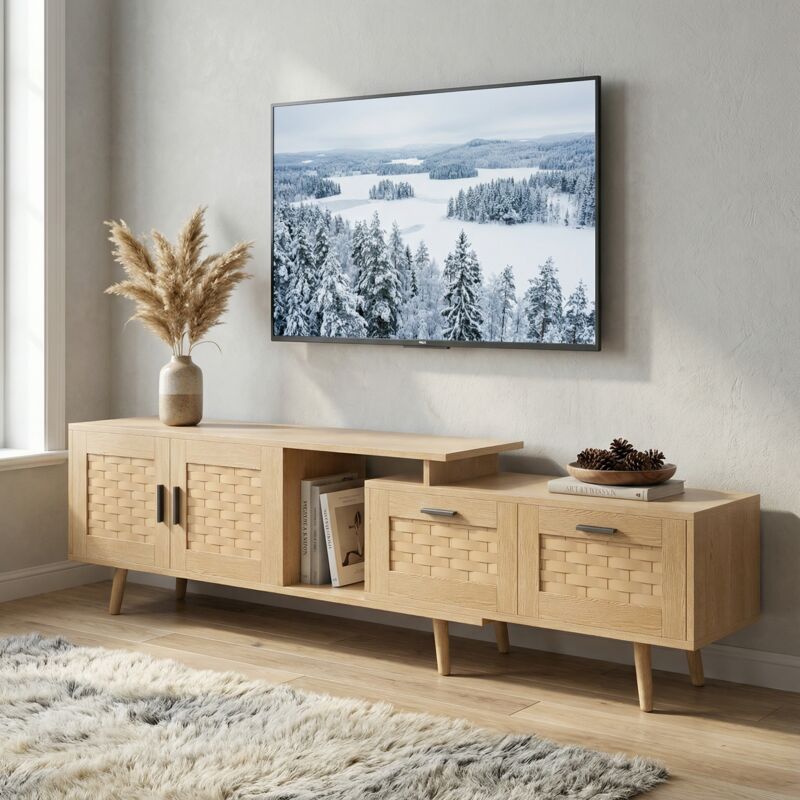 Meuble TV robin 180, Extensible(146-180cm), Banc TV avec 2 Portes et 2 Tiroirs, Pour TV jusqu'à 75, Effet Rotin & Bois, Design Scandinave