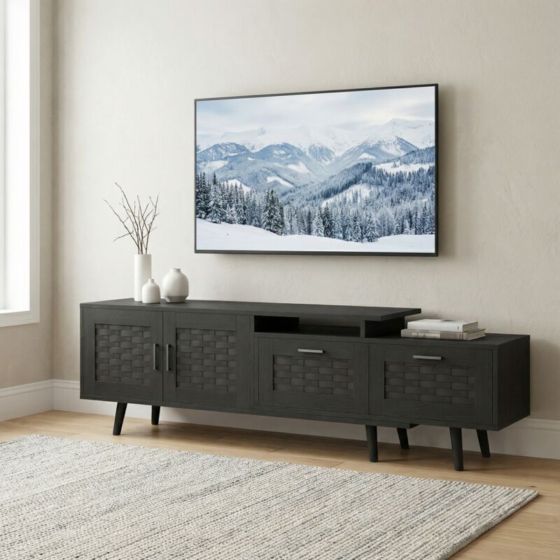 Meuble TV robin 180, Extensible(146-180cm), Banc TV avec 2 Portes et 2 Tiroirs, Pour TV jusqu'à 75, Effet Rotin & Bois, Design Scandinave