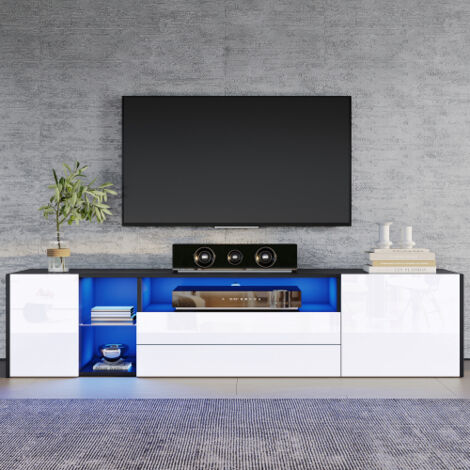 Meuble TV 180 x 40 x 45 cm, meuble TV bas laqué brillant avec éclairage LED, meuble TV avec 2 tiroirs et 2 placards, compatible avec les téléviseurs jusqu'à 75 pouces, meuble TV bicolore noir et blanc
